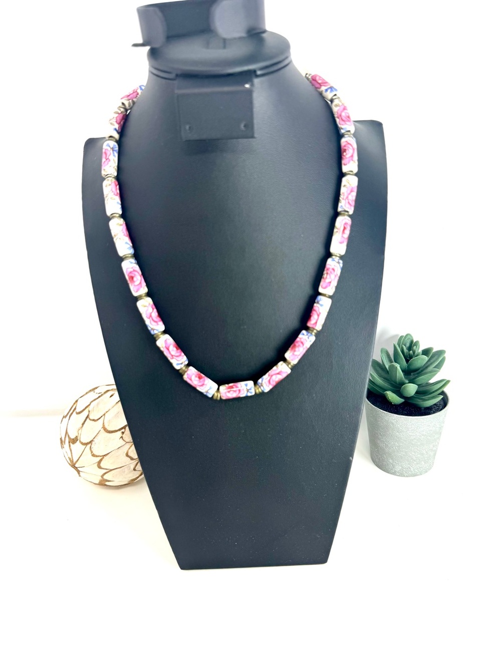 Vintage Floral Porcelain Tube Bead Necklace Mid Century Romantic Pink Roses EUC